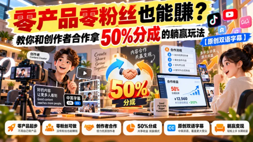 【无水印】零产品零粉丝也能賺？教你和创作者合作拿50%分成的躺赢玩法【原创双语字幕】-小优资源网