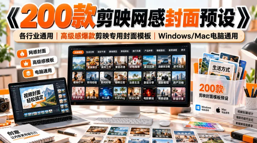 《200款剪映网感封面预设》各行业通用|高级感爆款剪映专用封面模板|Windows/Mac电脑通用-小优资源网
