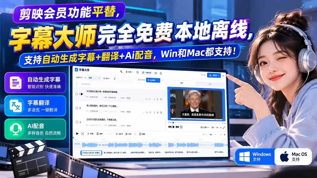 （20902期）剪映会员功能平替，字幕大师完全免费本地离线，支持自动生成字幕+翻译+Ai配音，Win和Mac都支持！-小优资源网