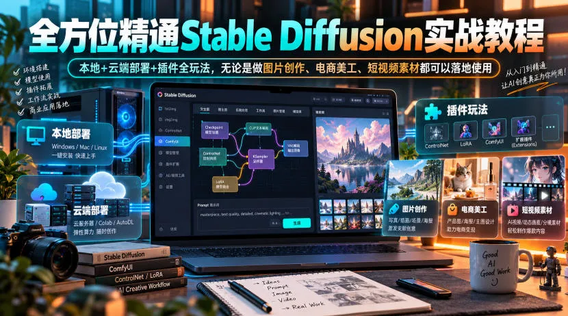 全方位精通Stable Diffusion实战教程|本地+云端部署+插件全玩法,无论是做图片创作、电商美工、短视频素材都可以落地使用 全方位精通Stable Diffusion实战教程|本地+云端部署+插件全玩法,无论是做图片创作、电商美工、短视频素材都可以落地使用