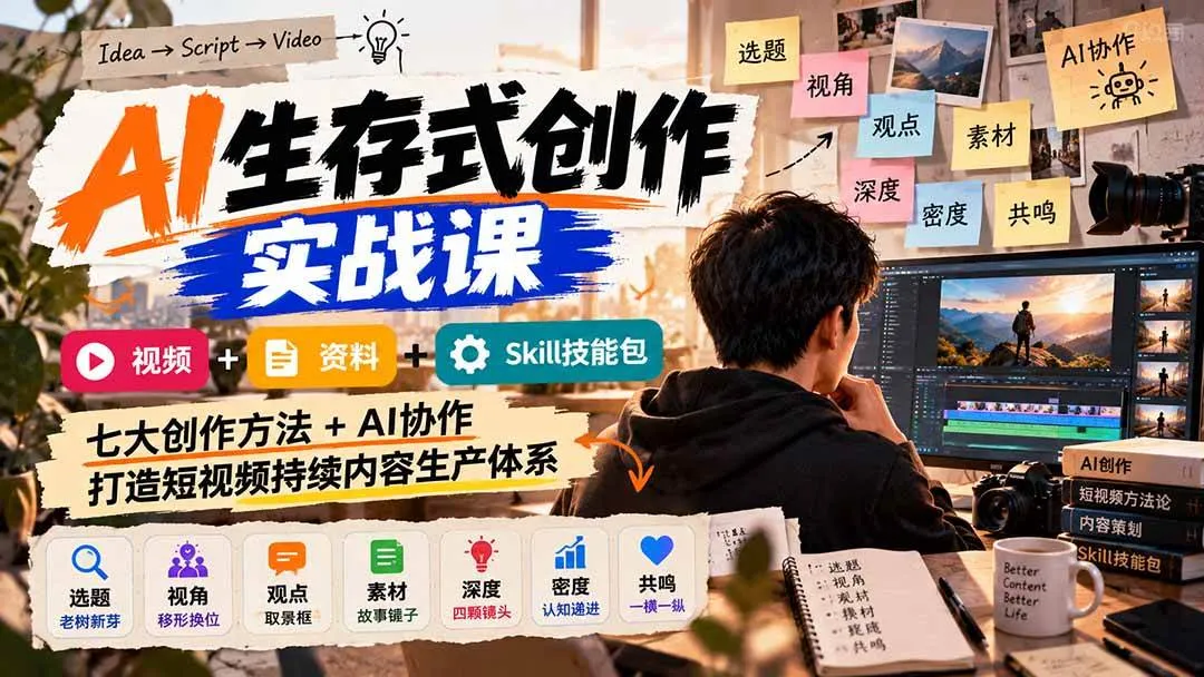 (21081期)AI生存式创作实战课:视频+资料+Skill技能包,七大创作方法+AI协作,打造短视频持续内容生产体系-小优资源网