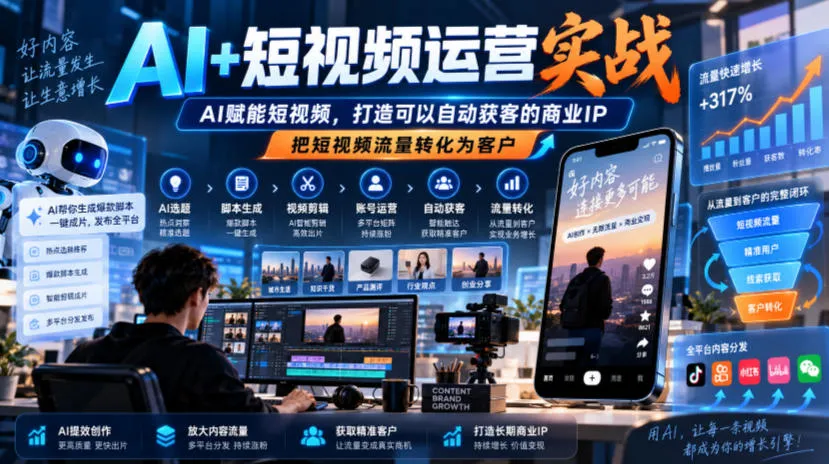 AI+短视频运营实战,AI赋能短视频,打造可以自动获客的商业IP,把短视频流量转化为客户-小优资源网