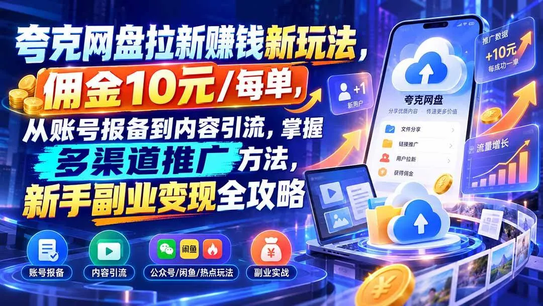 （21108期）夸克网盘拉新赚钱新玩法，佣金10元/每单，从账号报备到内容引流，掌握多渠道推广方法，新手副业变现全攻略-小优资源网