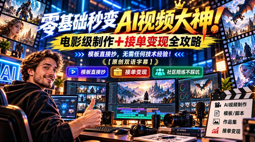 零基础秒变AI视频大神!电影级制作+接单变现全攻略,模板直接抄,无需任何技术经验!【原创双语字幕】-小优资源网