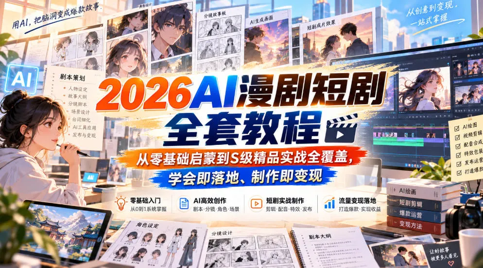 【无水印】2026AI漫剧短剧全套教程,从零基础启蒙到S级精品实战全覆盖,学会即落地、制作即变现-小优资源网
