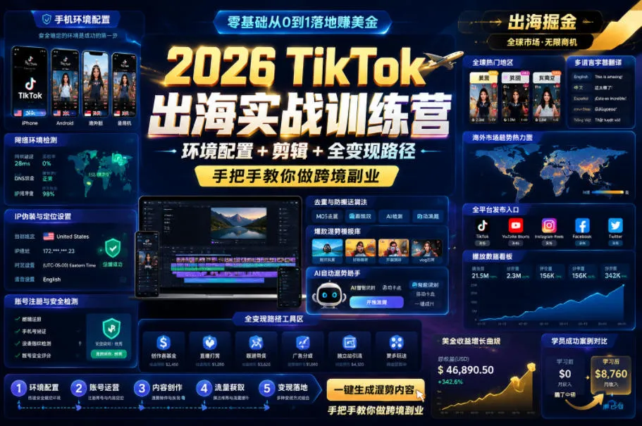2026 TikTok出海实战训练营,环境配置 + 剪辑 + 全变现路径,手把手教你做跨境副业-小优资源网