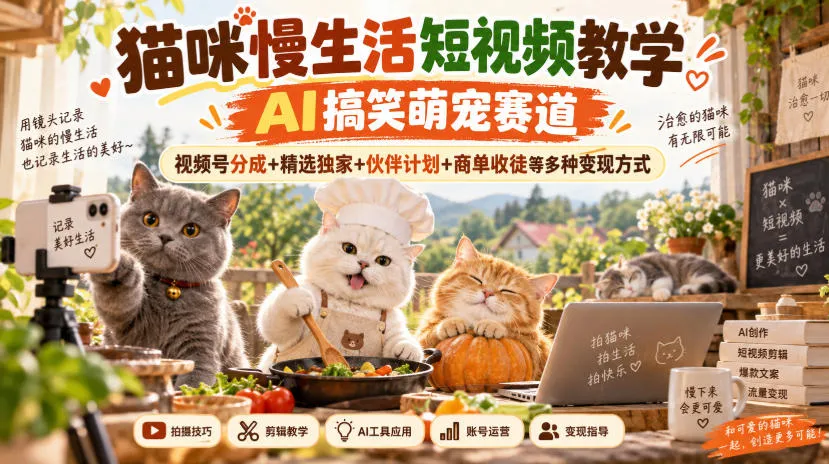 猫咪慢生活短视频教学,AI搞笑萌宠赛道,视频号分成+精选独家+伙伴计划+商单收徒等多种变现方式-小优资源网
