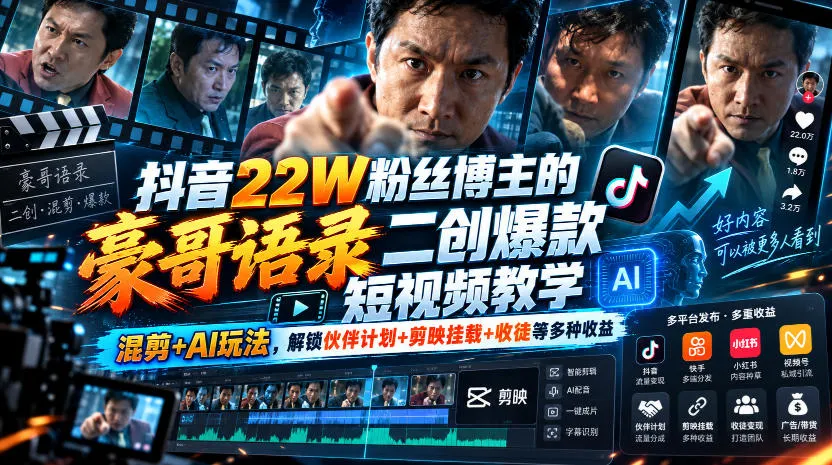 抖音22W粉丝博主的豪哥语录二创爆款短视频教学，混剪+AI玩法，解锁伙伴计划+剪映挂载+收徒等多种收益-小优资源网