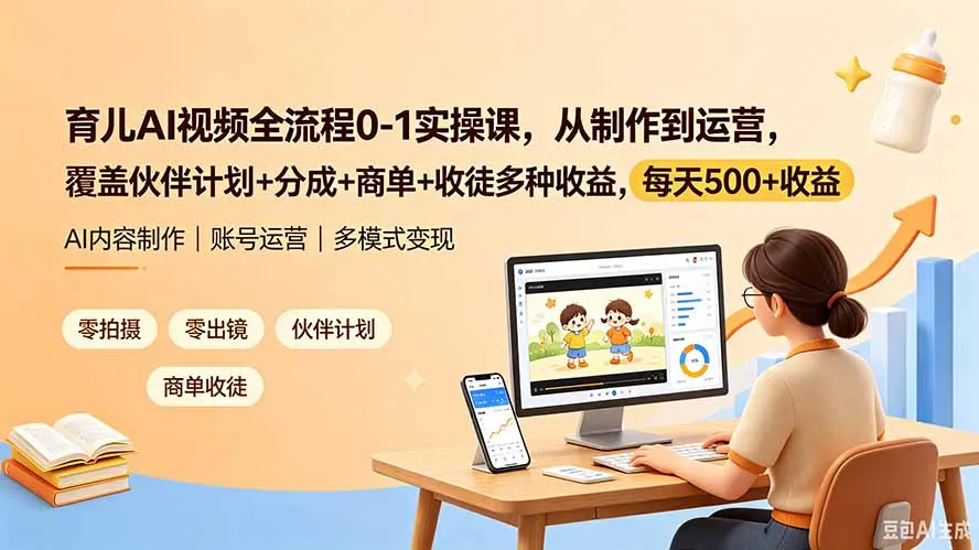 育儿AI视频全流程0-1实操课,从制作到运营,覆盖伙伴计划+分成+商单+收徒多种收益,每天500+收益-小优资源网