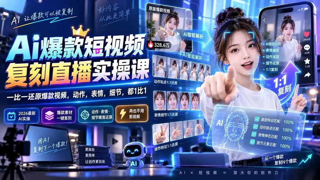 （20304期）最新Ai爆款短视频复刻直播实操课，一比一还原爆款视频，动作，表情，细节，都1比1-小优资源网
