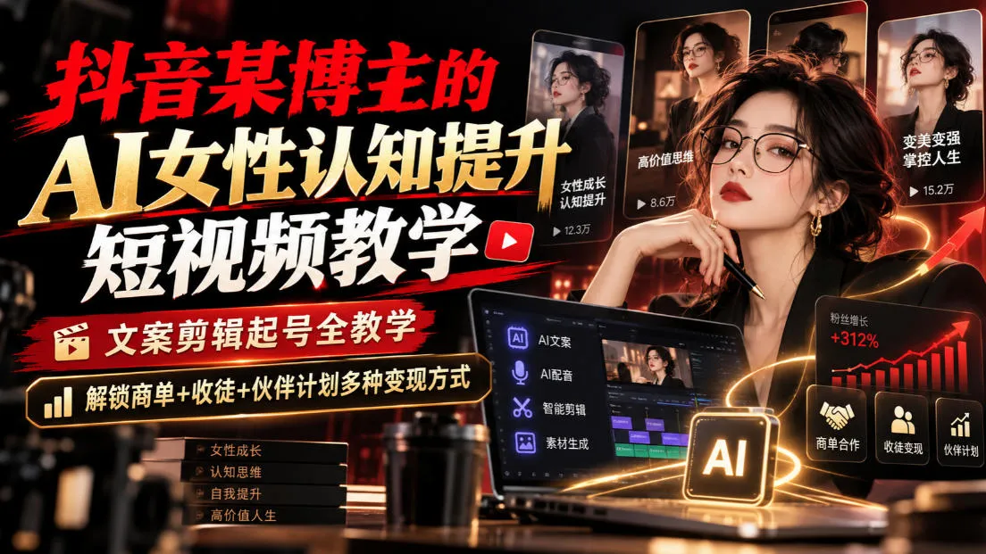 抖音某博主的Ai女性认知提升短视频教学,文案剪辑起号全教学,解锁商单+收徒+伙伴计划多种变现方式 抖音某博主的Ai女性认知提升短视频教学,文案剪辑起号全教学,解锁商单+收徒+伙伴计划多种变现方式