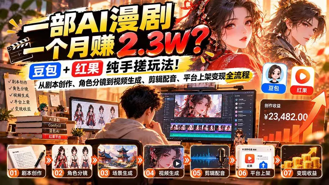 (21089期)一部AI漫剧一个月赚2.3W?豆包+红果纯手搓玩法!从剧本创作、角色分镜到视频生成、剪辑配音、平台上架变现全流程-小优资源网