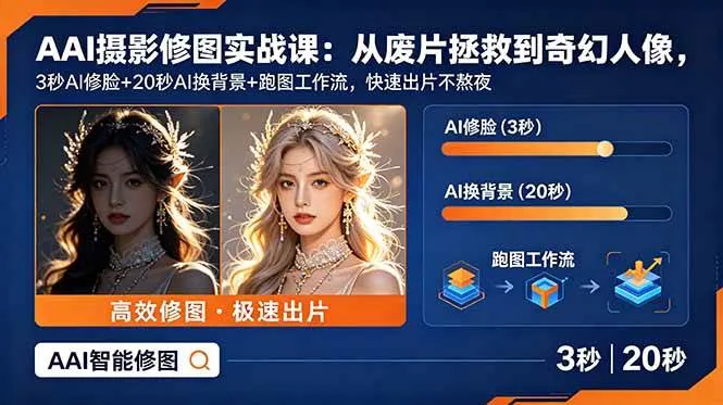 （18936期）AI摄影修图实战课：从废片拯救 到 奇幻人像，3秒AI修脸+20秒AI换背景+跑图工作流，快速出片不熬夜-小优资源网