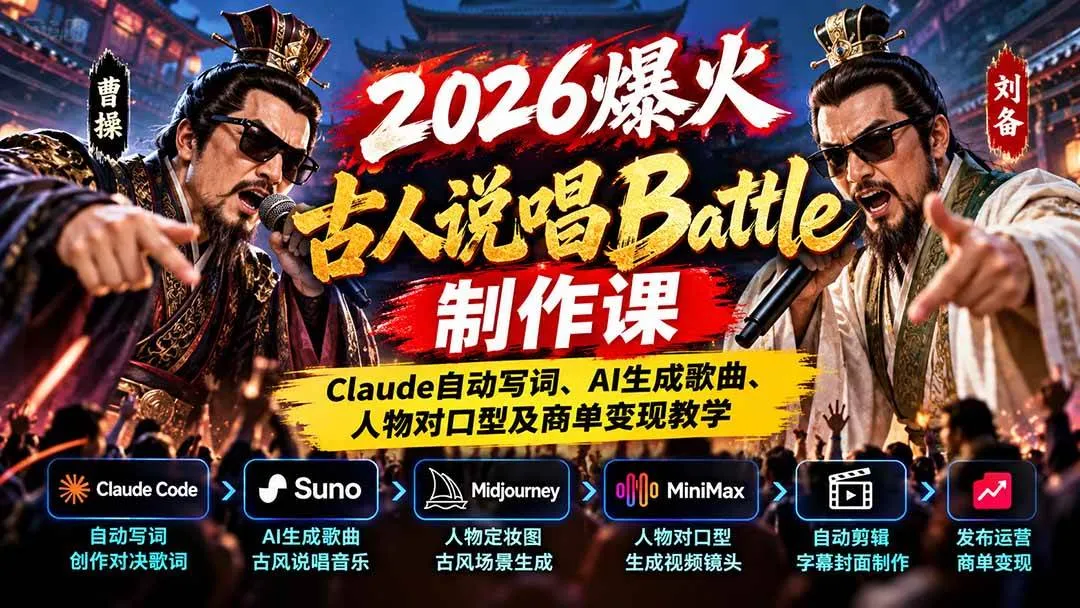 （21059期）2026爆火古人说唱Battle制作课：Claude自动写词、AI生成歌曲、人物对口型及商单变现教学-小优资源网