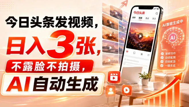 今日头条发视频,日入3张,不露脸不拍摄,AI自动生成-小优资源网