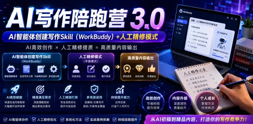 AI写作陪跑营3.0，Ai智能体创建写作skill（workbuddy）+人工手写模式（手搓模式），去除AI痕迹（头条号、公众号、百家号）-小优资源网