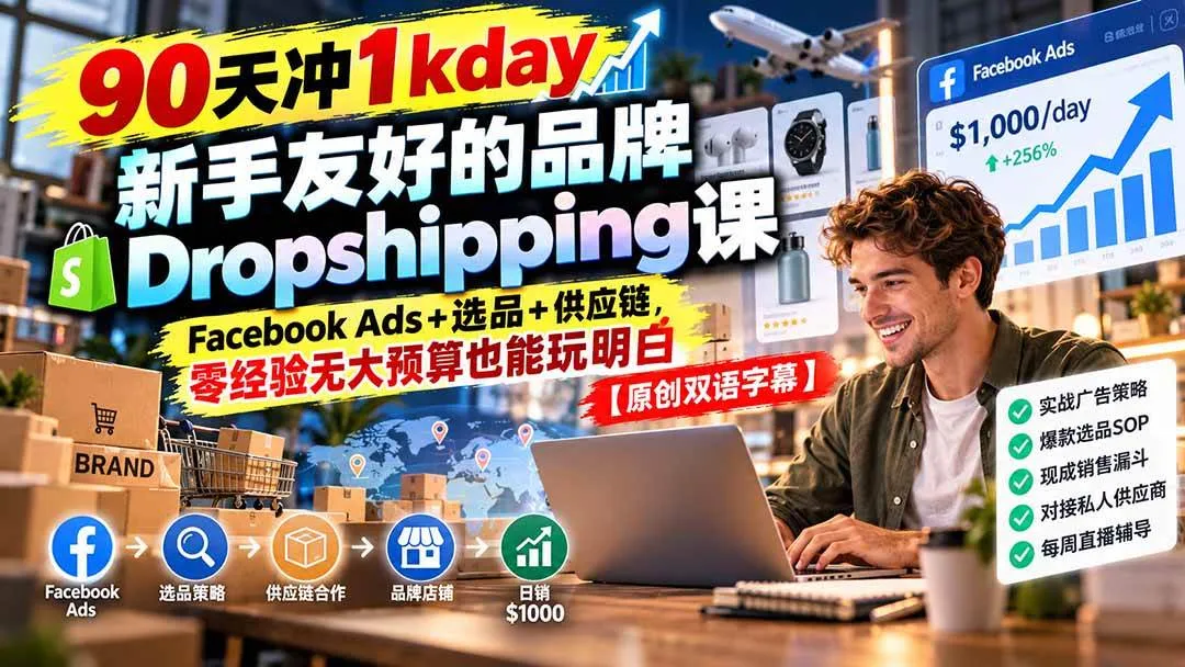(20738期)90天冲1kday 新手友好的品牌Dropshipping课:Facebook Ads+选品+供应链,零经验无大预算也能玩明白【原创双语字幕】-小优资源网