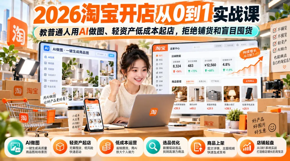 2026淘宝开店从0到1实战课,教普通人用AI做图、轻资产低成本起店,拒绝铺货和盲目囤货-小优资源网