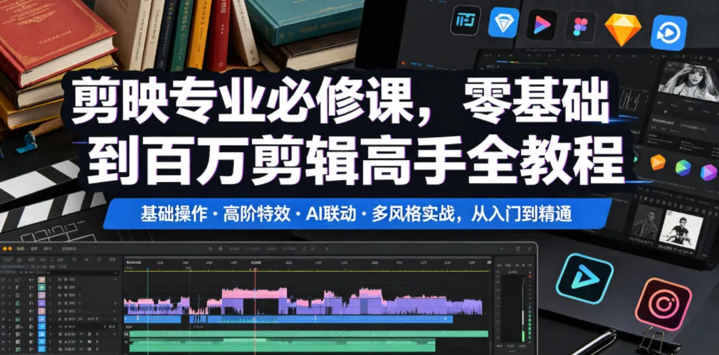 剪映专业必修课,零基础到百万剪辑高手全教程,基础操作・高阶特效・AI联动・多风格实战,从入门到精通-小优资源网