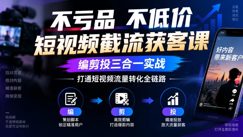 不亏品不低价短视频截流获客课，编剪投三合一实战，打通短视频流量转化全链路-小优资源网