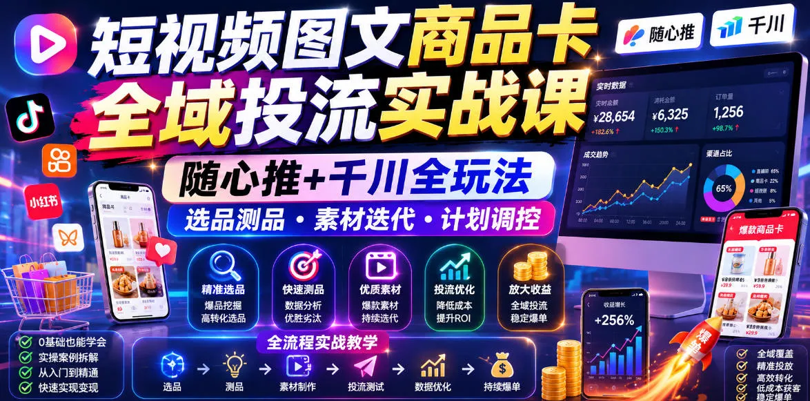 短视频图文商品卡全域投流实战课，随心推+千川全玩法，选品测品・素材迭代・计划调控，提升ROI爆单增收教程-小优资源网