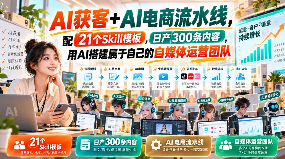 【无水印】AI获客+AI电商流水线,配21个Skill模板,日产300条内容,用AI搭建属于自己的自媒体运营团队(更新0930)-小优资源网