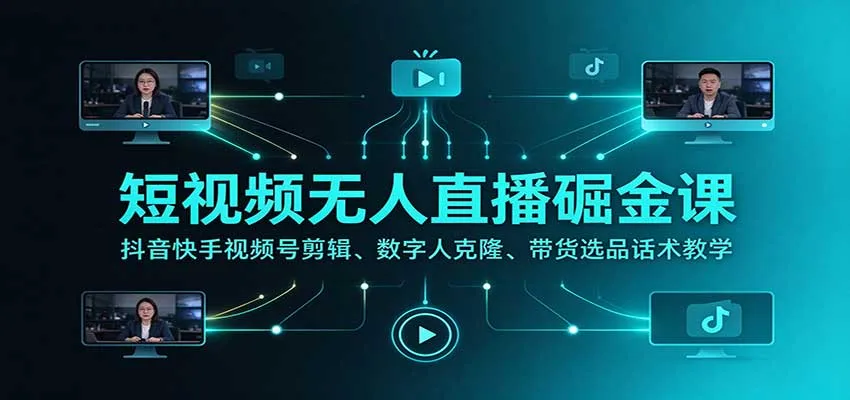短视频无人直播掘金课：抖音快手视频号剪辑、数字人克隆、带货选品话术教学-小优资源网