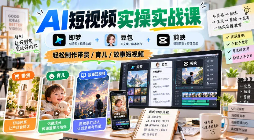 AI短视频实操实战课,即梦+豆包+剪映,轻松制作带货/育儿/故事短视频-小优资源网