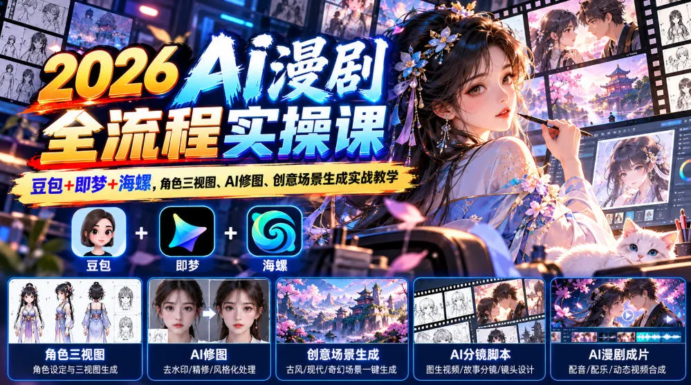 【无水印】2026 AI漫剧全流程实操课|豆包+即梦+海螺,角色三视图、AI修图、创意场景生成实战教学-小优资源网