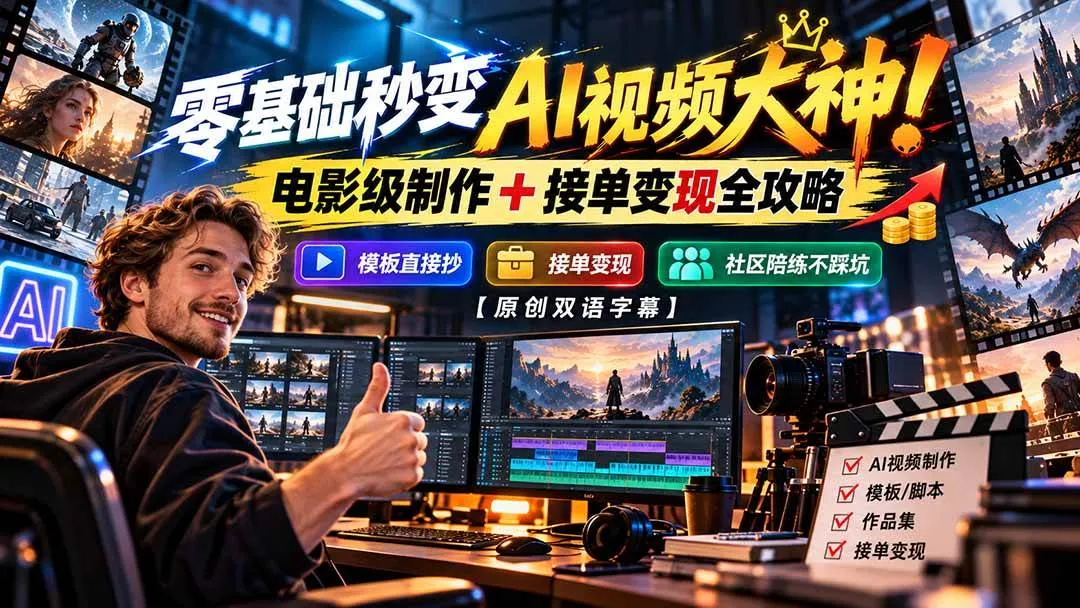 (20897期)零基础秒变AI视频大神!电影级制作 + 接单变现全攻略,模板直接抄,社区陪练不踩坑【原创双语字幕】-小优资源网