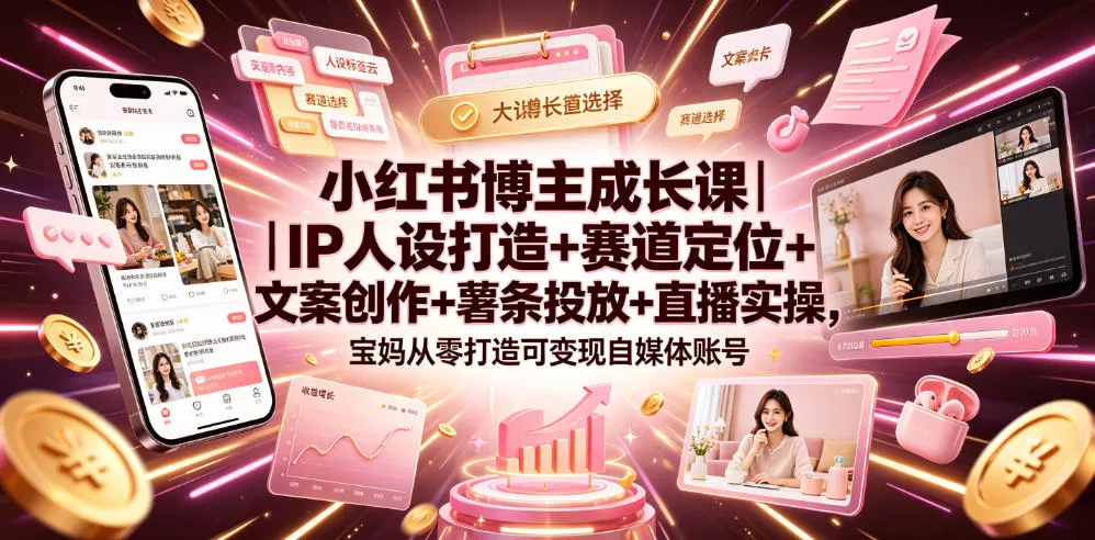 小红书博主成长课｜IP人设打造+赛道定位+文案创作+薯条投放+直播实操，宝妈从零打造可变现自媒体账号-小优资源网