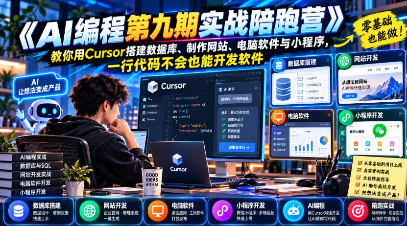 【无水印】《AI编程第九期实战陪跑营》教你用Cursor搭建数据库、制作网站、电脑软件与小程序，一行代码不会也能开发软件-小优资源网