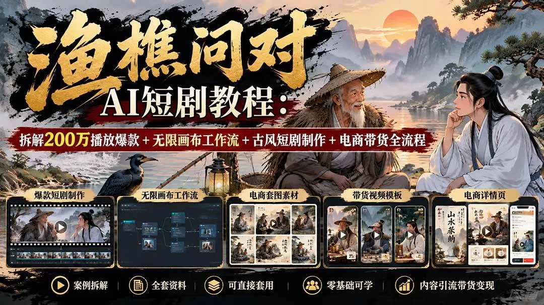 (20772期)【无水印】渔樵问对AI短剧教程:拆解200万播放爆款+无限画布工作流+古风短剧制作+电商带货全流程-小优资源网