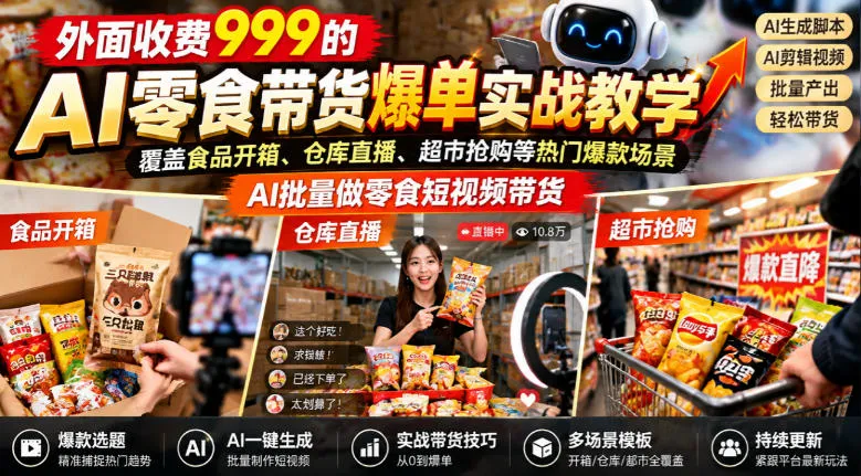 外面收费999的AI零食带货爆单实战教学，覆盖食品开箱、仓库直播、超市抢购等热门爆款场景，AI批量做零食短视频带货（更新1018）-小优资源网