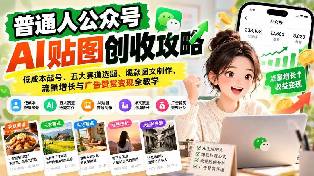 （20972期）普通人公众号AI贴图创收攻略：低成本起号、五大赛道选题、爆款图文制作、流量增长与广告赞赏变现全教学-小优资源网