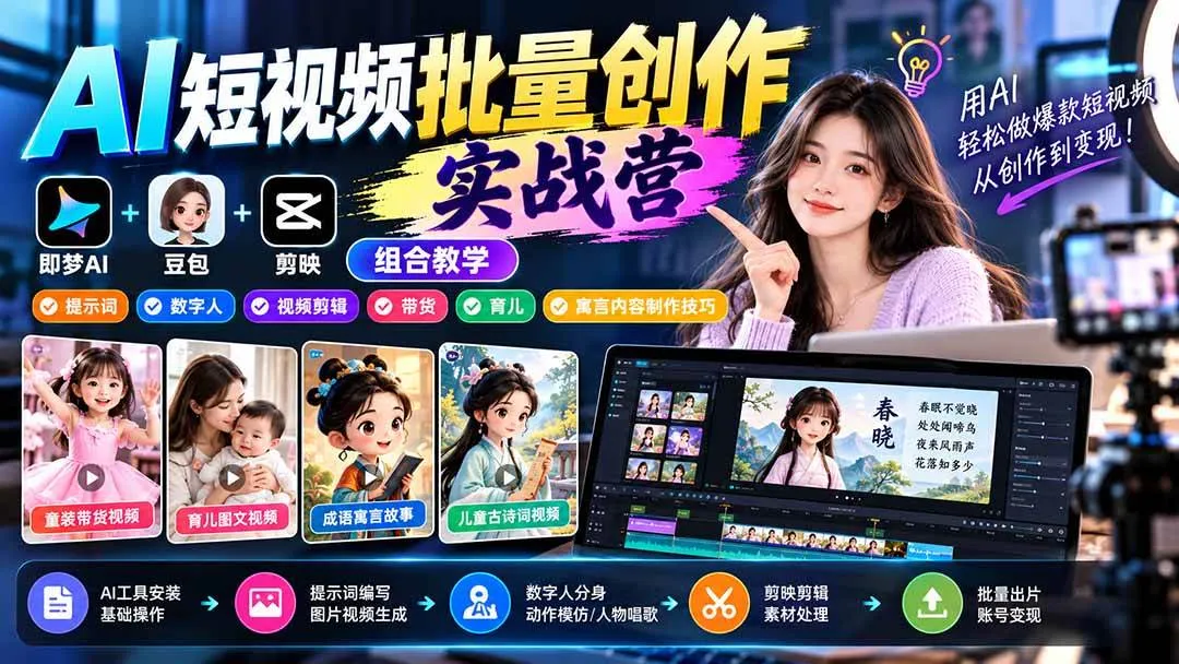 (21039期)【无水印】AI短视频批量创作实战营:即梦+豆包+剪映组合教学,提示词/数字人/视频剪辑/带货/育儿/寓言内容制作技巧 (21039期)【无水印】AI短视频批量创作实战营:即梦+豆包+剪映组合教学,提示词/数字人/视频剪辑/带货/育儿/寓言内容制作技巧