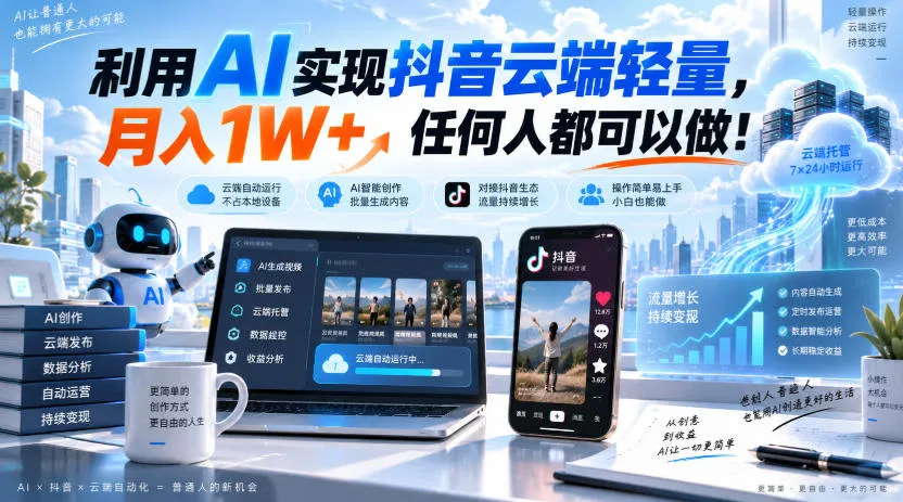 利用AI实现抖音云端轻量,月入1W+,任何人都可以做!【揭秘】 利用AI实现抖音云端轻量,月入1W+,任何人都可以做!【揭秘】