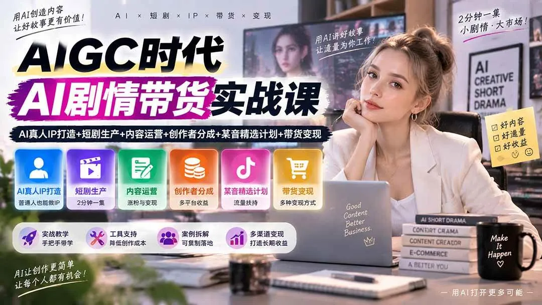 (20567期)AIGC时代AI剧情带货实战课|AI真人IP打造+短剧生产+内容运营+创作者分成、某音精选计划+带货变现-小优资源网