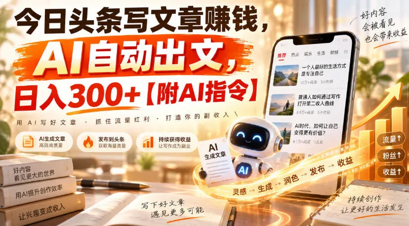 今日头条写文章賺钱,AI自动出文,日入300+【附AI指令】-小优资源网