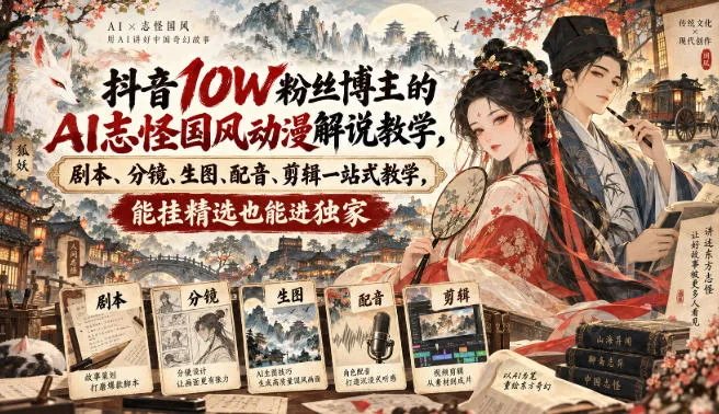 抖音10W粉丝博主满堂诡事的AI志怪国风动漫解说教学,剧本、分镜、生图、配音、剪辑一站式教学,能挂精选也能进独家-小优资源网