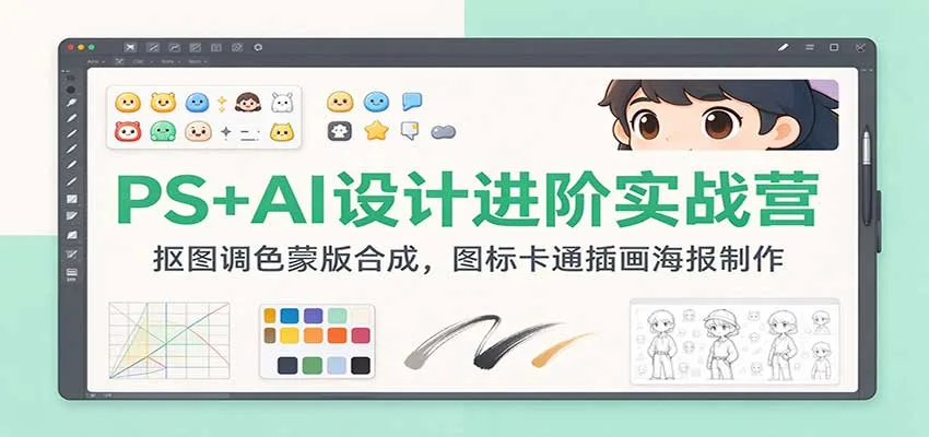 PS+AI设计进阶实战营:抠图调色蒙版合成,图标卡通插画海报制作-小优资源网
