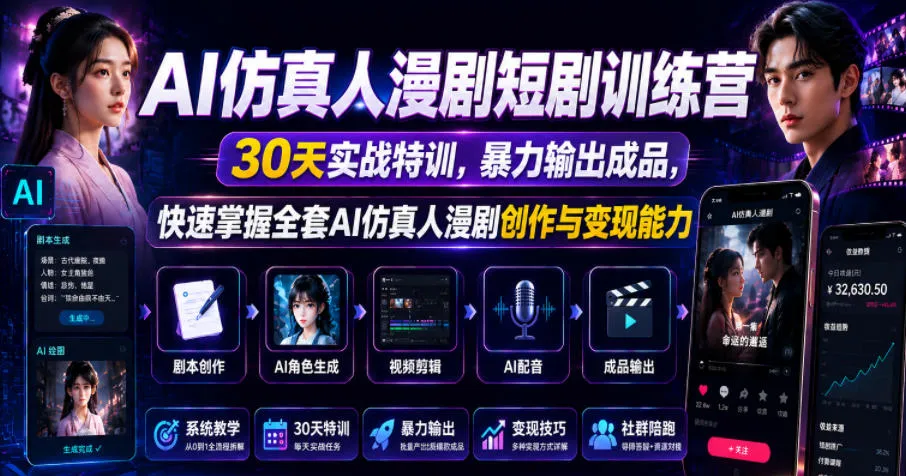 AI仿真人漫剧短剧训练营,30天实战特训,暴力输出成品,快速掌握全套AI仿真人漫剧创作与变现能力-小优资源网