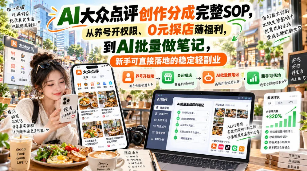 【无水印】AI大众点评创作分成完整SOP,从养号开权限、0元探店薅福利,到AI批量做笔记,新手可直接落地的稳定轻副业-小优资源网