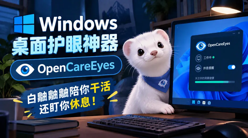 Windows桌面护眼神器OpenCareEyes，白鼬鼬鼬陪你干活还盯你休息！-小优资源网
