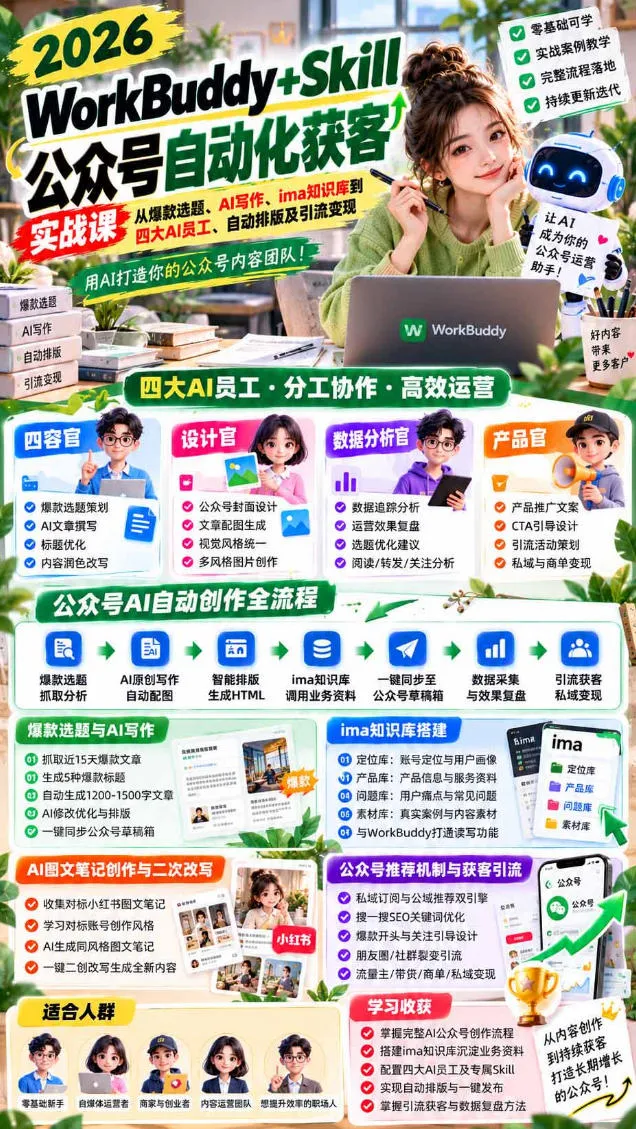 2026WorkBuddy+Skill公众号自动化获客实战课,从爆款选题、AI写作、ima知识库到四大AI员工、自动排版及引流变现,用AI打造你的公众号内容团队 2026WorkBuddy+Skill公众号自动化获客实战课,从爆款选题、AI写作、ima知识库到四大AI员工、自动排版及引流变现,用AI打造你的公众号内容团队