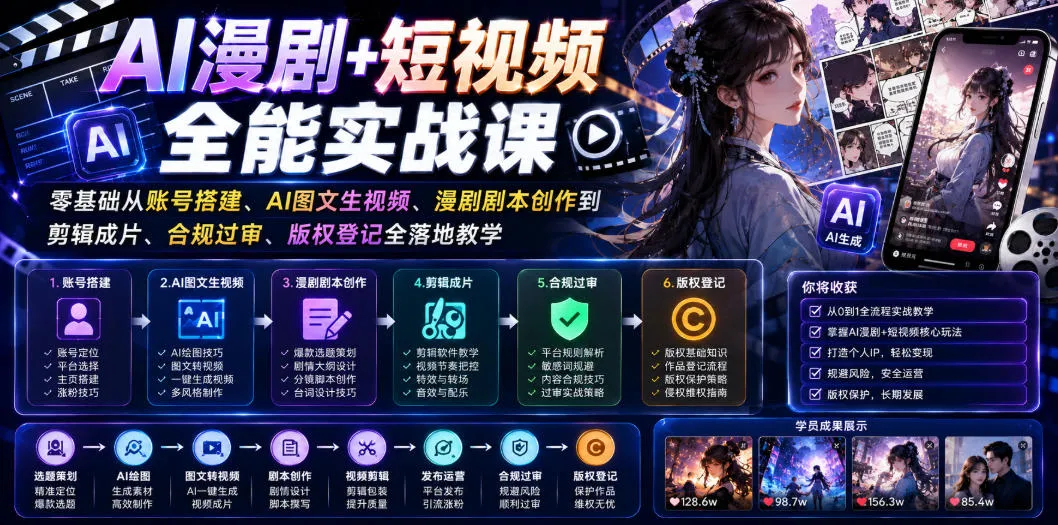 AI漫剧+短视频全能实战课｜零基础从账号搭建、AI图文生视频、漫剧剧本创作到剪辑成片、合规过审、版权登记全落地教学-小优资源网