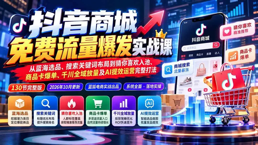 （20959期）抖音商城免费流量爆发实战：从蓝海选品、搜索关键词布局到猜你喜欢入池、商品卡爆单、千川全域放量及AI提效完整打法