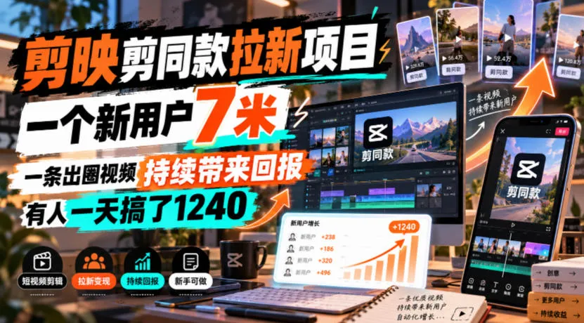 剪映剪同款拉新项目，一个新用户7米，一条出圈视频持续带来回报，有人一天搞了1240-小优资源网