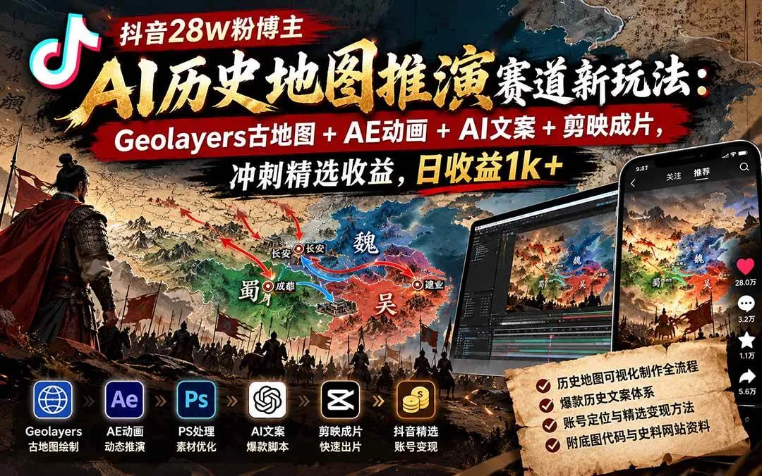 （20809期）抖音28W粉博主AI历史地图推演赛道新玩法：Geolayers古地图+AE动画+AI文案+剪映成片，冲刺精选收益，日收益1k+-小优资源网