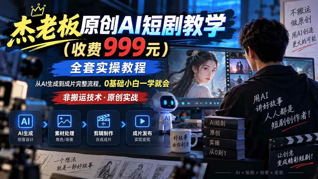 （20254期）杰老板原创AI短剧教学（收费999元），全套实操教程，0基础小白一学就会，非搬运技术-小优资源网